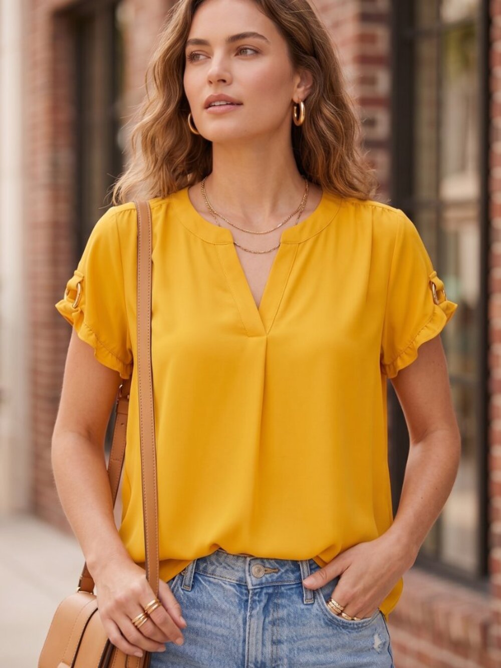 Women's Golden Yellow V-Neck Short Sleeve Blouse Large